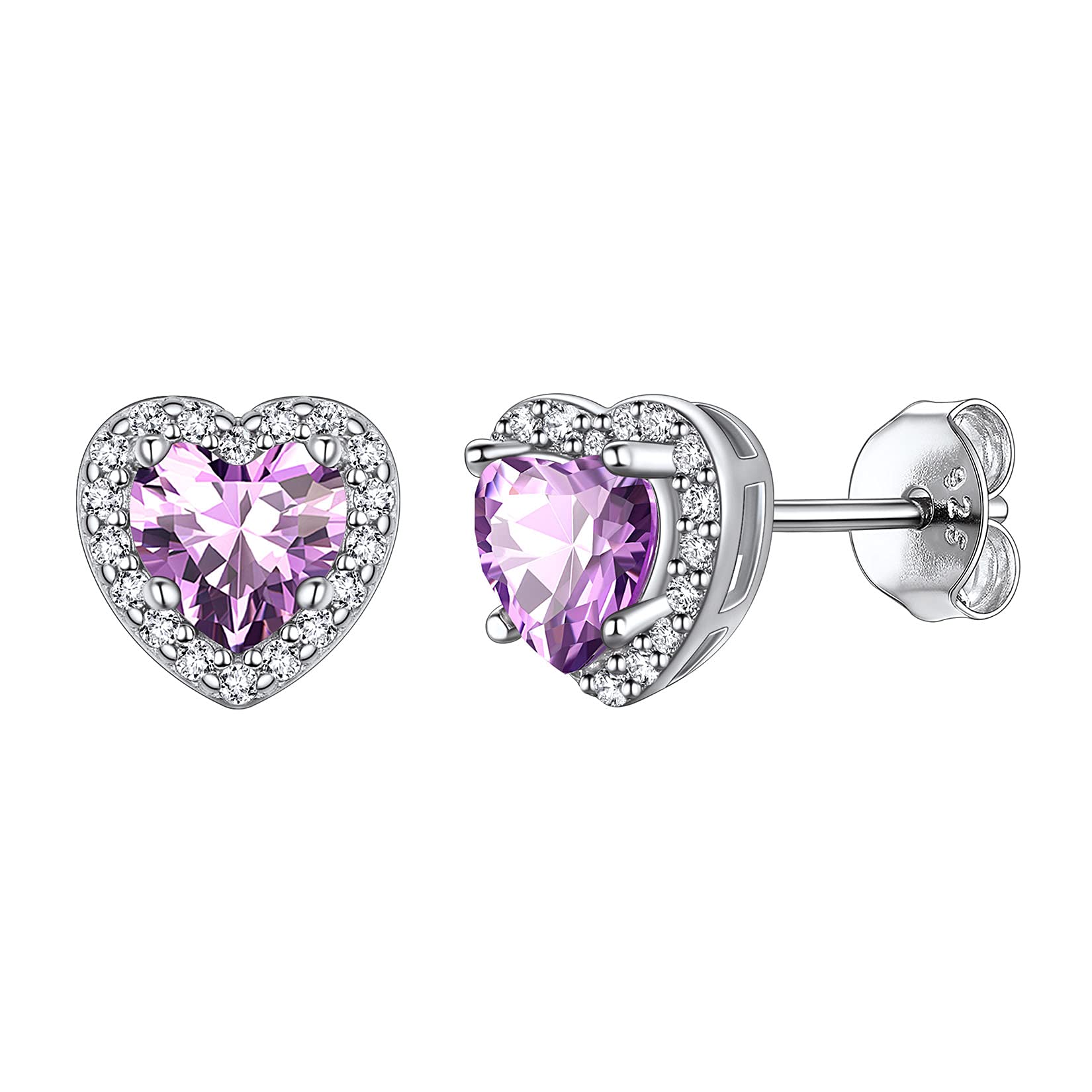 925 Sterling Silver Heart Brilliant Cut Cubic Zirconia CZ Halo Stud Earrings for Women Girls Tiny Cute Comfy Created Purple Alexandrite June Birthstone Hypoallergenic Wedding Bridesmaid Earrings