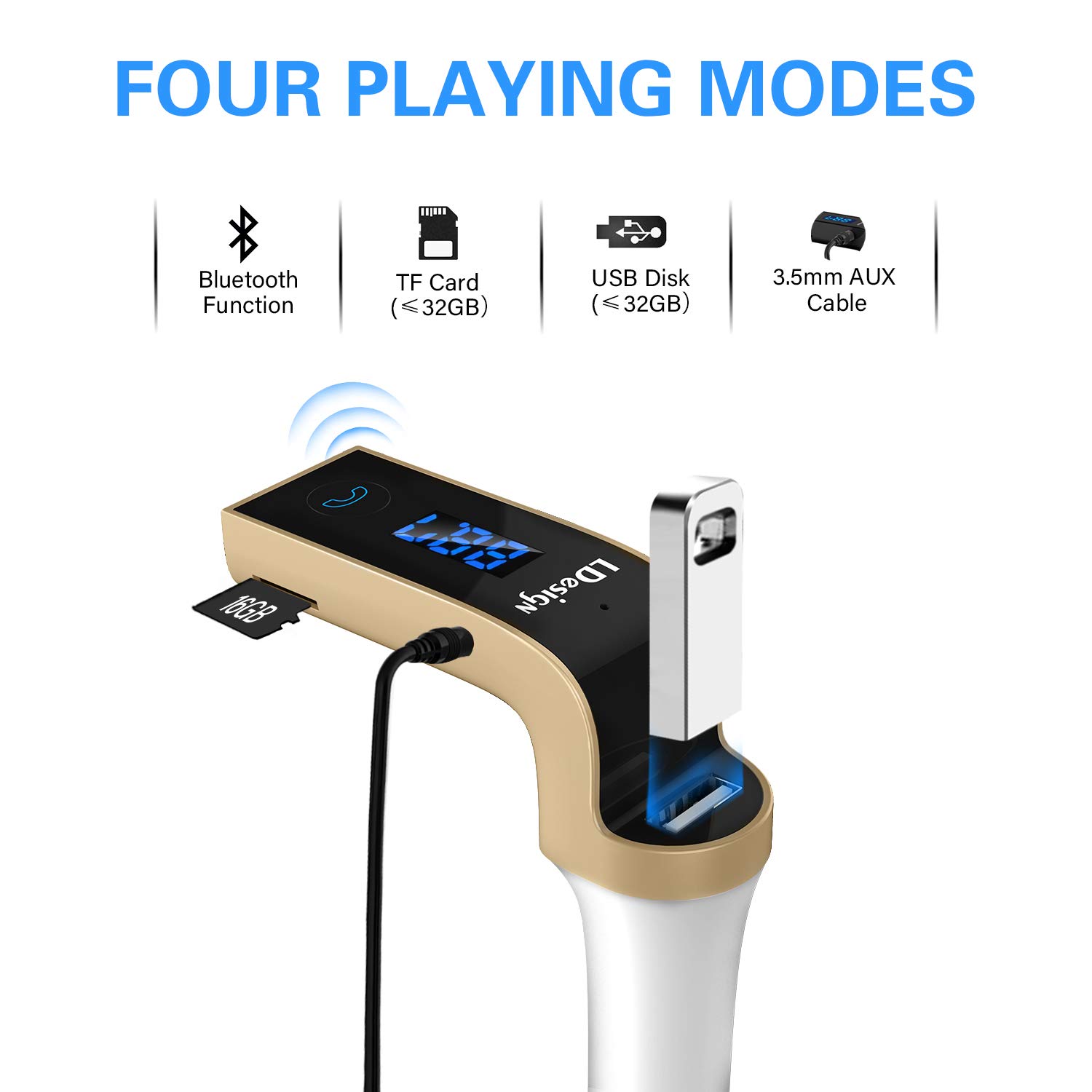 FM Transmitter, LDesign Bluetooth Wireless in-Car FM Radio Adapter Car Kit with Hand Free Call | Stereo 4 Modes Music Play | TF Card &U-Disk Reading Applicable for All Smart Phones -Gold