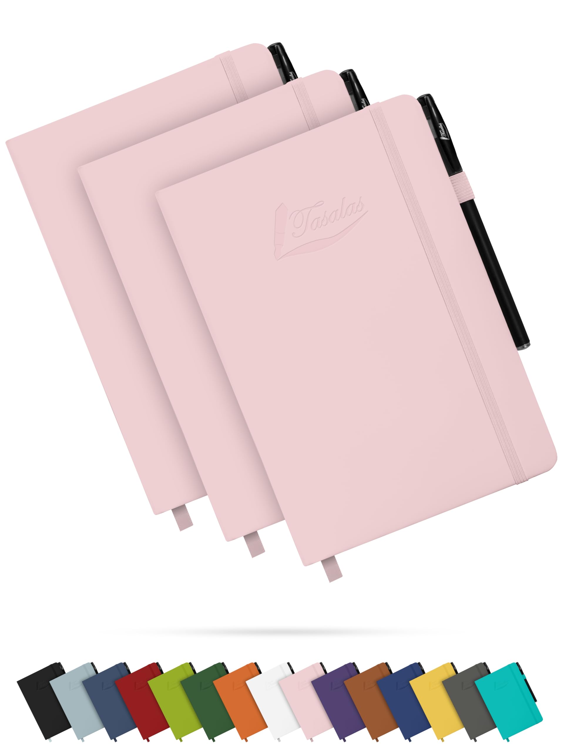 Tasalas A5 Notebooks 3 Pack with Pen - 200 Lined Pages Journal Notepads, 80 GSM, Pink Notebooks A5, Soft Cover, Elastic Loop, Pen Holder, Expandable Pocket - Note Books for Note-Taking
