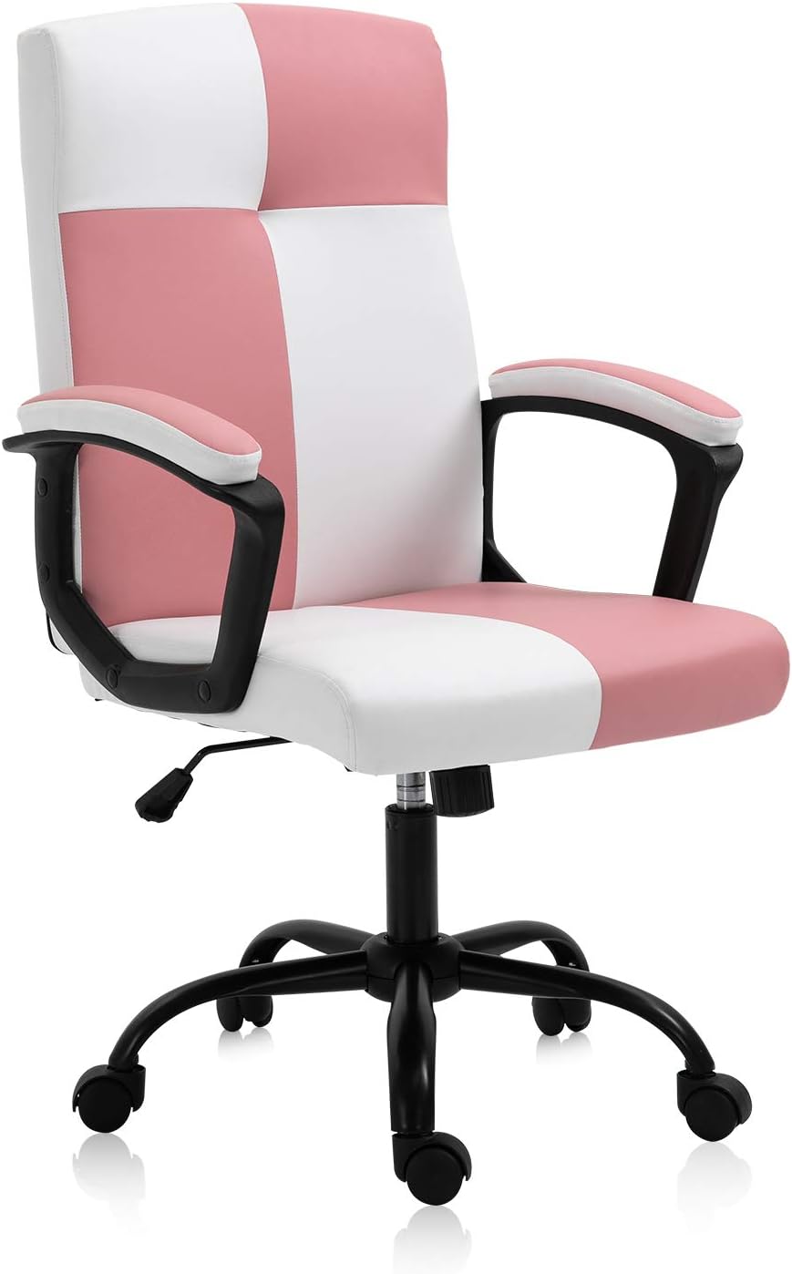 KERMS Mid-Back Ergonomic Office Faux PU Leather Chair Executive Computer Desk Chairs Managerial Executive Chairs with Metal Base and Padded Armrests (Pink & White): Kitchen & Dining