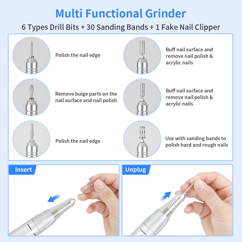 Portable Electric Nail Drill Machine Professional 35000 RPM Manicure Pedicure Polishing Nail File Drill Kit Set with Sanding Bands for Acrylic Gel Nails: Beauty