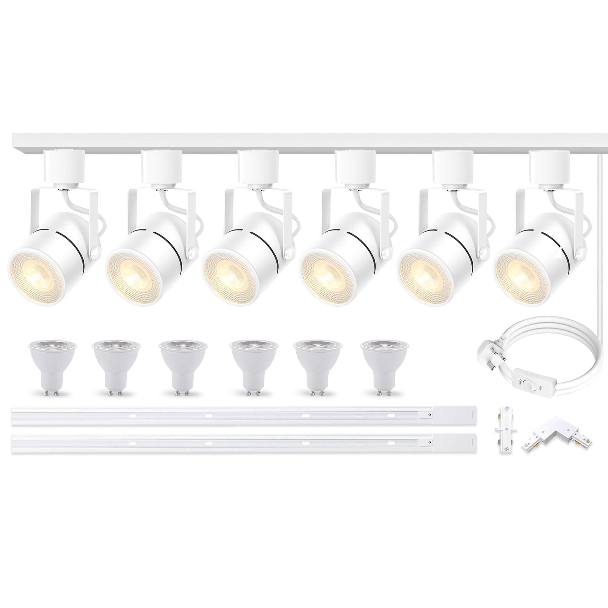 Bravsekai Advanced LED Track Lighting Kit with Replaceable GU10 Bulbs, 6-Lights Dimmable Track Lights with 2x1m H Type Track Rails, 10W 6000K Cool White Indoor Ceiling Spotlight Fixture for Any Space