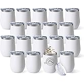 YOUKE OLA 18 Pack Stainless Steel Wine Tumbler with lid, 12oz Insulated Powder Coated Wine Tumbler Stemless Double Wall Vacuum Wine Glass Coffee Tumbler Bulk for Laser Engrave, DIY Gift, White