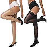 MANZI Sheer Shiny Thigh High Stockings 2 Pairs Silky lingerie Pantyhose for Women with Stay Up Silicone Lace Top