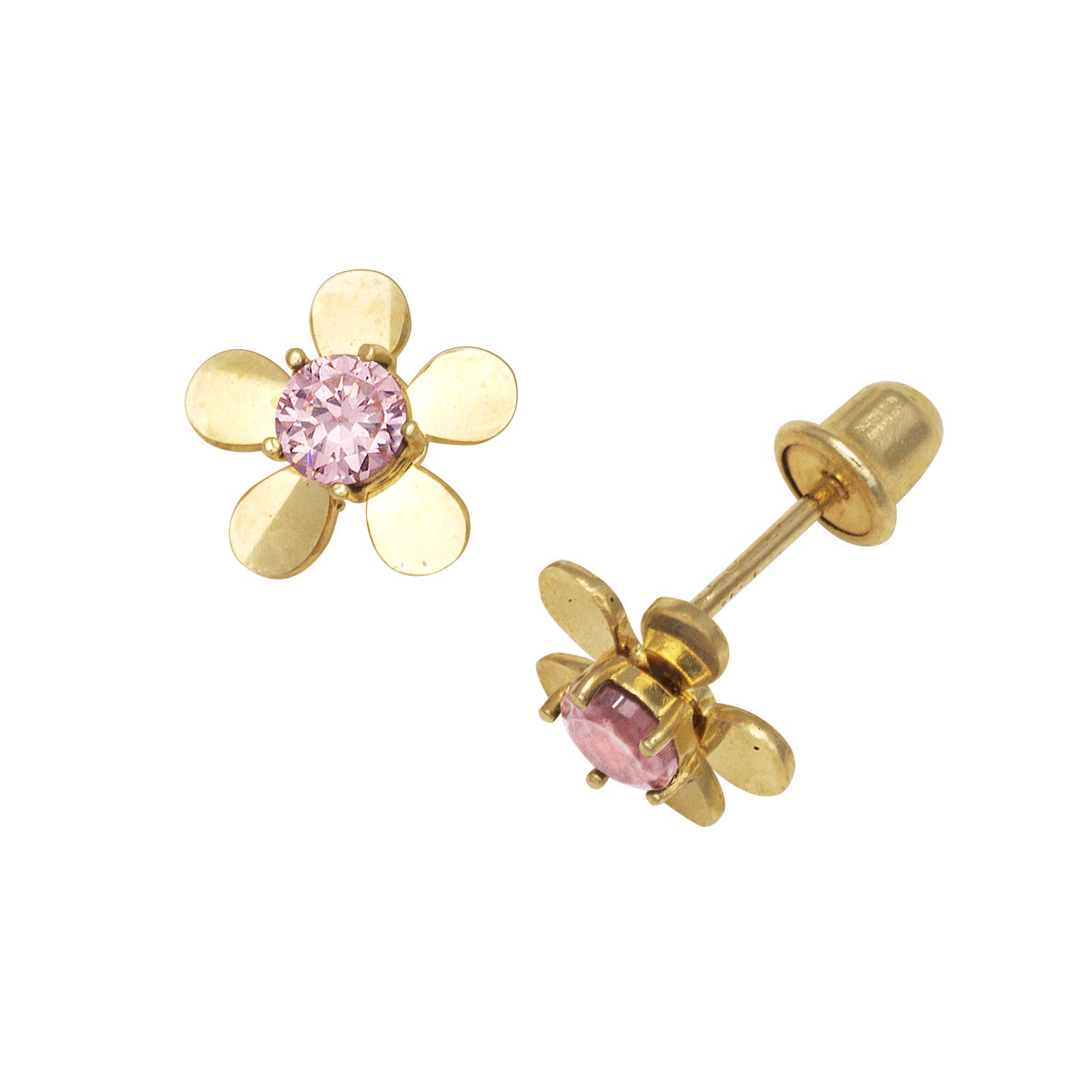 14k Yellow Gold October Pink 3x3mm CZ Flower Screw back Earrings Measures 8x8mm Jewelry Gifts for Wo