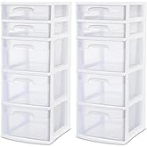 Sterilite 28958002 5 Drawer Tower, White Frame with Clear Drawers, 2-Pack