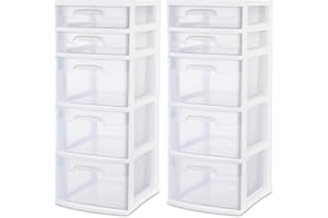 Sterilite 28958002 5 Drawer Tower, White Frame with Clear Drawers, 2-Pack