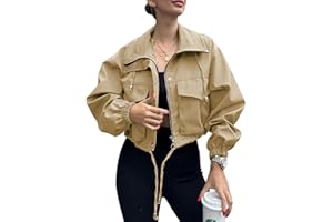 Tankaneo Womens Cropped Jacket Zip Up Lightweight Oversized Utility Anorak Coat with Pockets