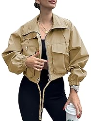 Tankaneo Womens Cropped Jacket Zip Up Lightweight
