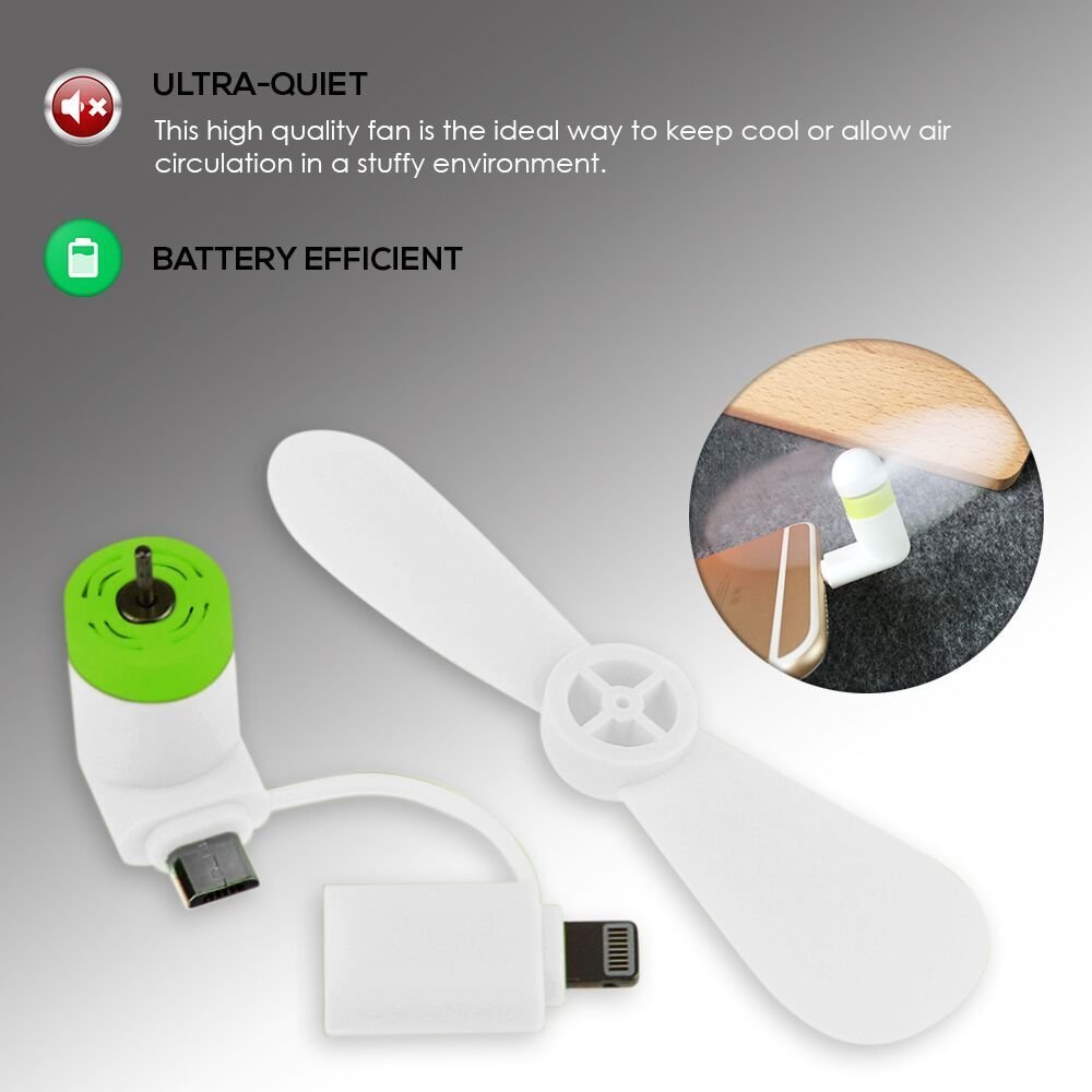 3 Portable USB Fan: Cell Phone Flexible Mini Fan – Compatible For: iPhone 6 – iPhone 5 – iPad – Samsung – Android Phone - OTG Function (SETS OF 3) (White)
