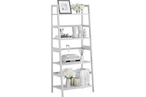 HITNET Ladder Shelf, 4 Tier Bookshelf, Floor Standing Bathroom Storage Rack with Bamboo Frame, Home Office Open Display Bookcase, White