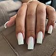 Ivory White Press on Nails Long Square, KXAMELIE Medium Coffin Nails Press ons Long Glue on Nails Natural Thick Fake Long Nails Acrylic Nails Reusable 24 Fake Nails Solid Color False Nails for Women