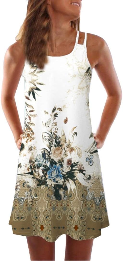 Anyren Women Loose Casual Sleeveless 3D Floral Print Bohe Tank Short Mini Dress (White, XL)
