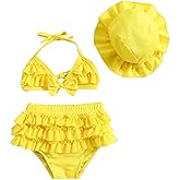 Yccutest Infant Baby Girl Flower Swimsuit 3Pcs Halter Triangle Tops Ruffle Bottoms Sun Hat Bikini Set Bathing Suit Swimwear