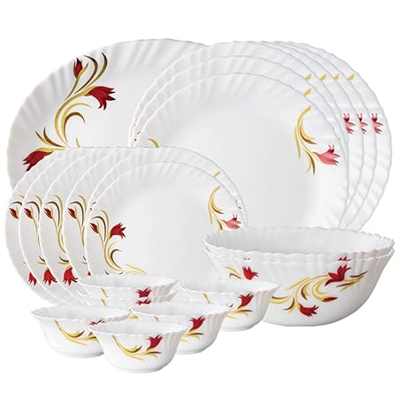 Larah By Borosil Lily Opalware Dinner Set, 21-Pieces, White