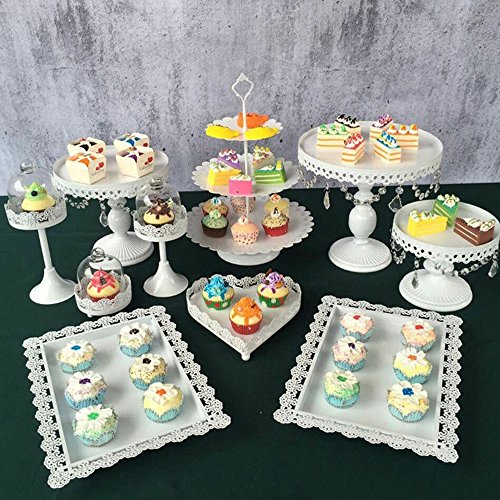 9 Set Metal Crystal Cake Holder Cupcake Stand Cake Dessert Holder with Pendants and Beads,Wedding Birthday Dessert Cupcake Pedestal Display,White (9)
