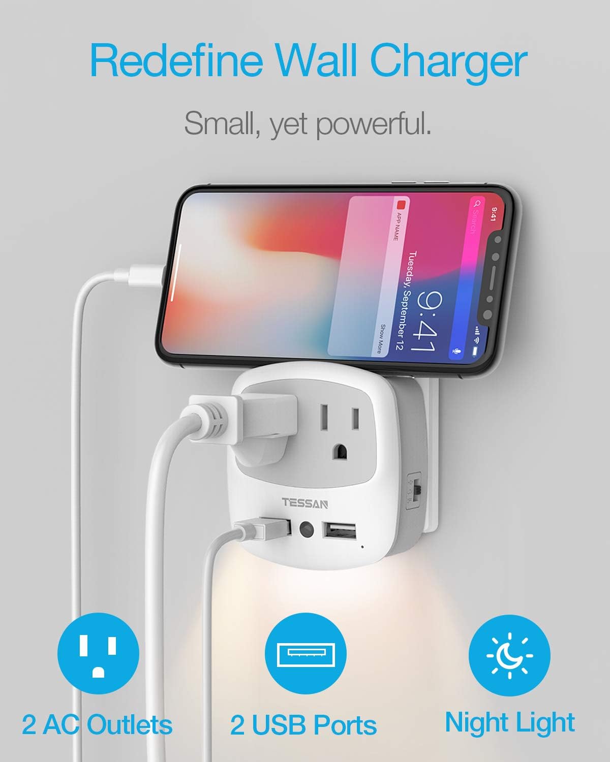 USB Outlet Plug Extender, TESSAN Power Outlet Expander with USB Wall Charger and Night Light Adapter for Travel Cruise Essentials, Mini Phone Charger with Multiple Outlet Splitter - - 