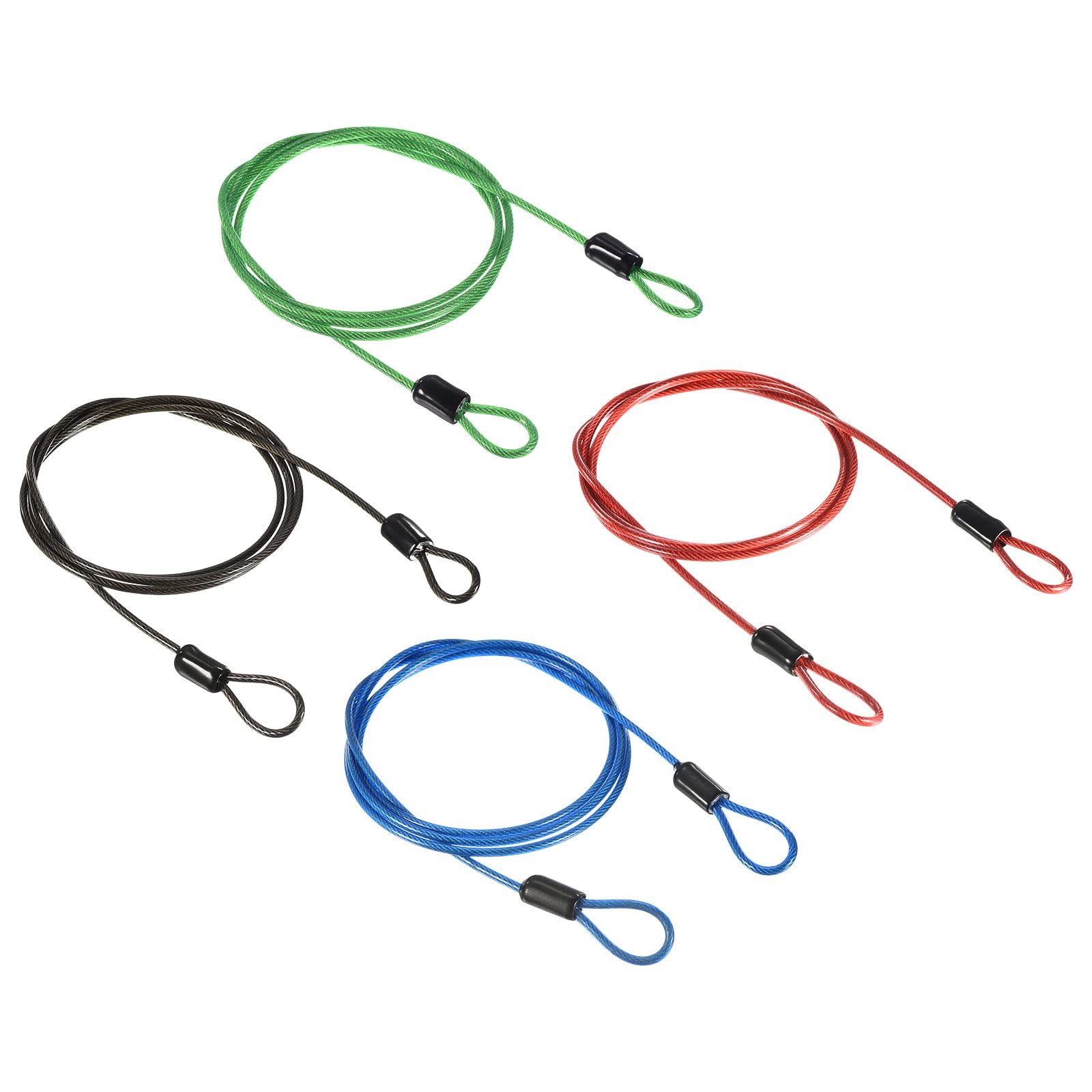PATIKIL Security Steel Cable 2.5mm x 1m/3.28ft Coated Luggage Lock Wire Rope with Double Loop Black, Green, Blue, Red 4 Pack