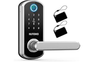 NUTOMO Smart Lock with Handle - Biometric 3D Fingerprint+ IC Card Unlock+ Anti-peep Keypad + Double Sided Door Handle + Passage Mode+ Emergency Charge+ Auto Lock- Silver