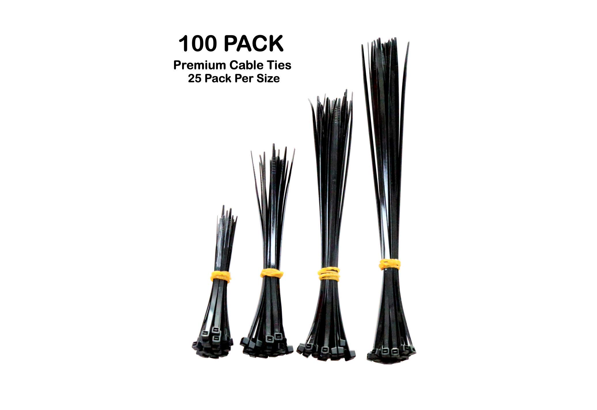 Accufix™ Premium Cable Ties Black - 100 Pack 3.6mm Zip Ties Heavy Duty, Cable Tie, Tie Wraps for Home, Office, Garden, Assorted in Sizes 100mm, 150mm, 200mm, 250mm, (25 Premium Plastic Ties Per Size)
