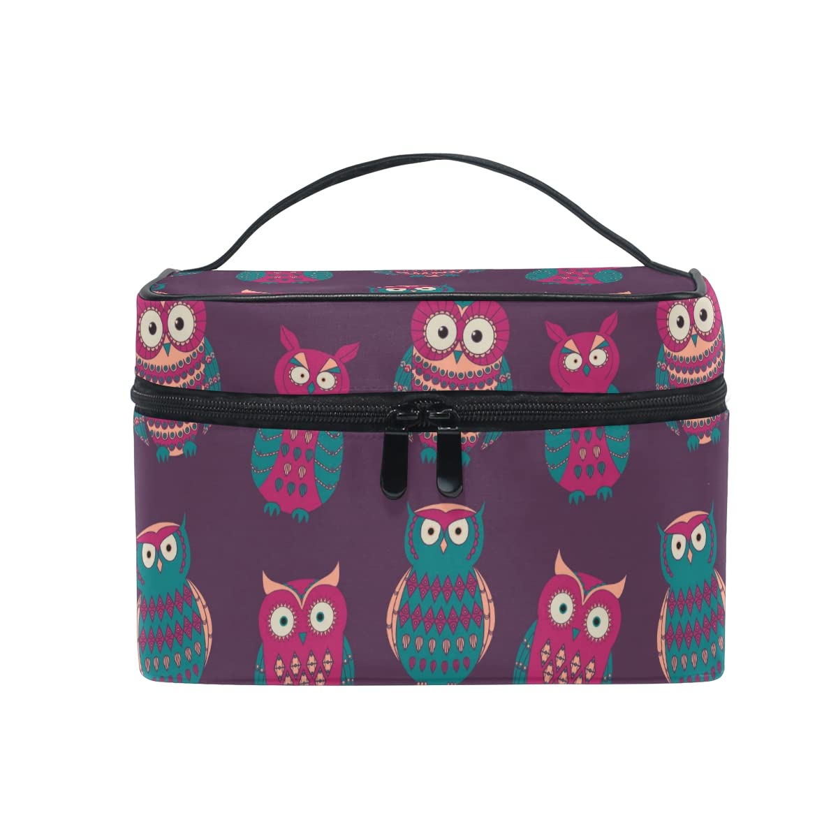 Makeup Bag, Cute Cartoon Owl Print Cosmetic Toiletry Storage Organiser Large Travel Handle Personalised Pouch with Compartments for Teenage Girl Women Lady Purple