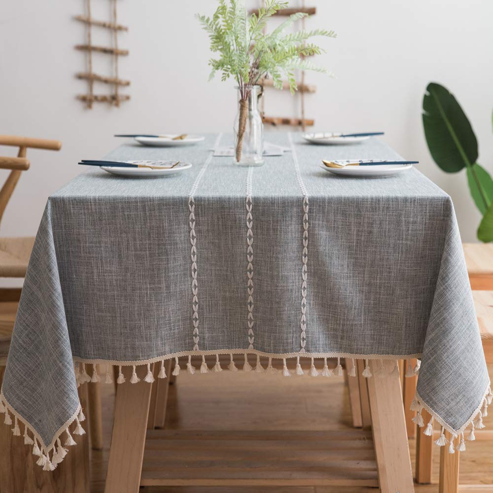 JaeMoose Tablecloth Tassel Cotton Linen Elegant Tablecloths Washable Kitchen Table Cover for Dining Table (Grey, 140 x 260 cm)