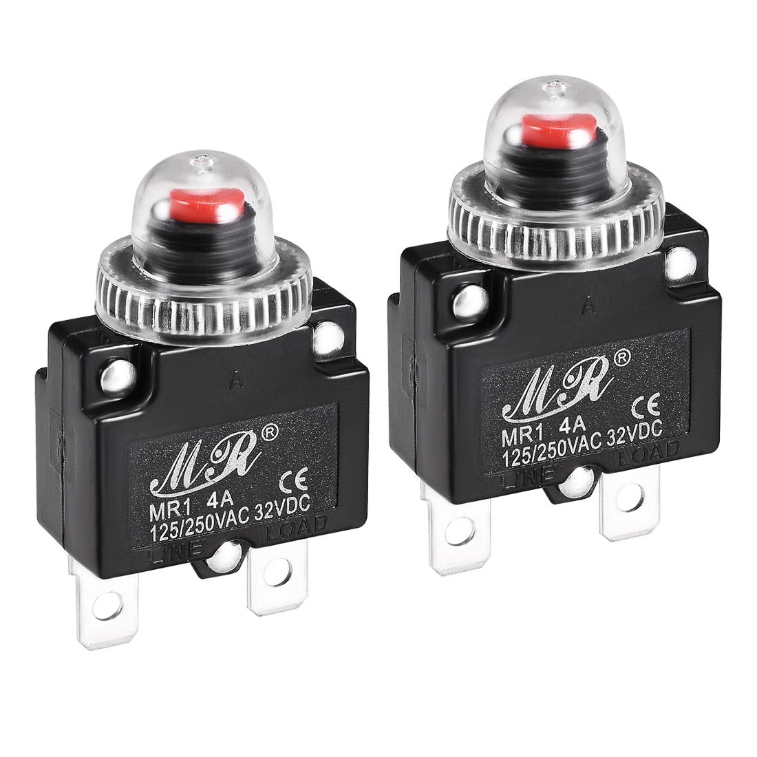 Sourcingmap Thermal Circuit Breakers 4A 125/250V AC 32V DC Push Button Reset Overload Protector Switch with Waterproof Cap 2 Pcs