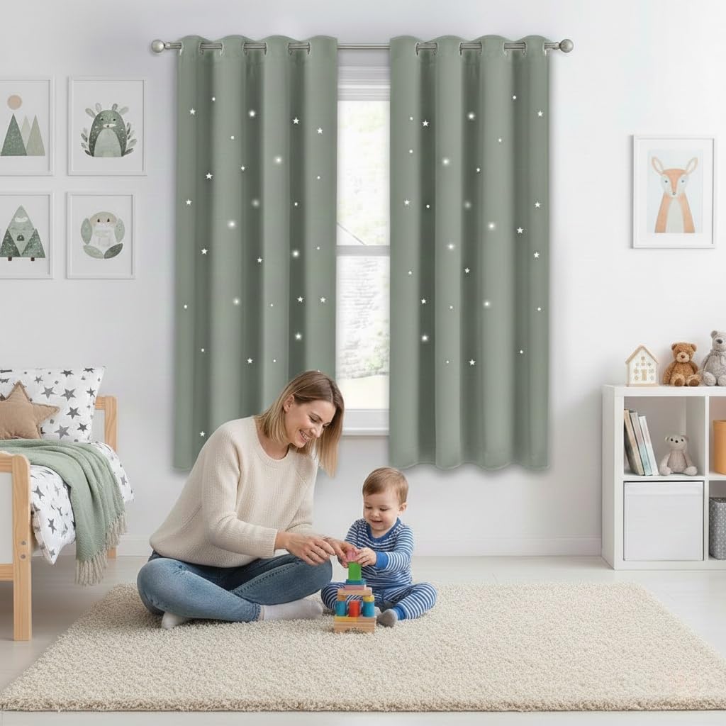 NICETOWN Nursery Curtains Hollow Out Stars, Sage Green Star Cutout Curtains for Girls' Bedroom, Thick and Soft Room Darkening Shade for Baby, (W52 x L63 Inches, 2 Panels) Image