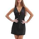 Amazhiyu Womens 100% Linen Summer V Neck Tie Front Sleeveless Mini Tank Dress Black, Medium