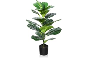 CROSOFMI Artificial Fiddle Leaf Fig Tree 35 Inch Fake Ficus Lyrata Plant with 28 Leaves Faux Plants in Pot for Indoor Outdoor House Home Office Garden Modern Decoration Perfect Housewarming Gift