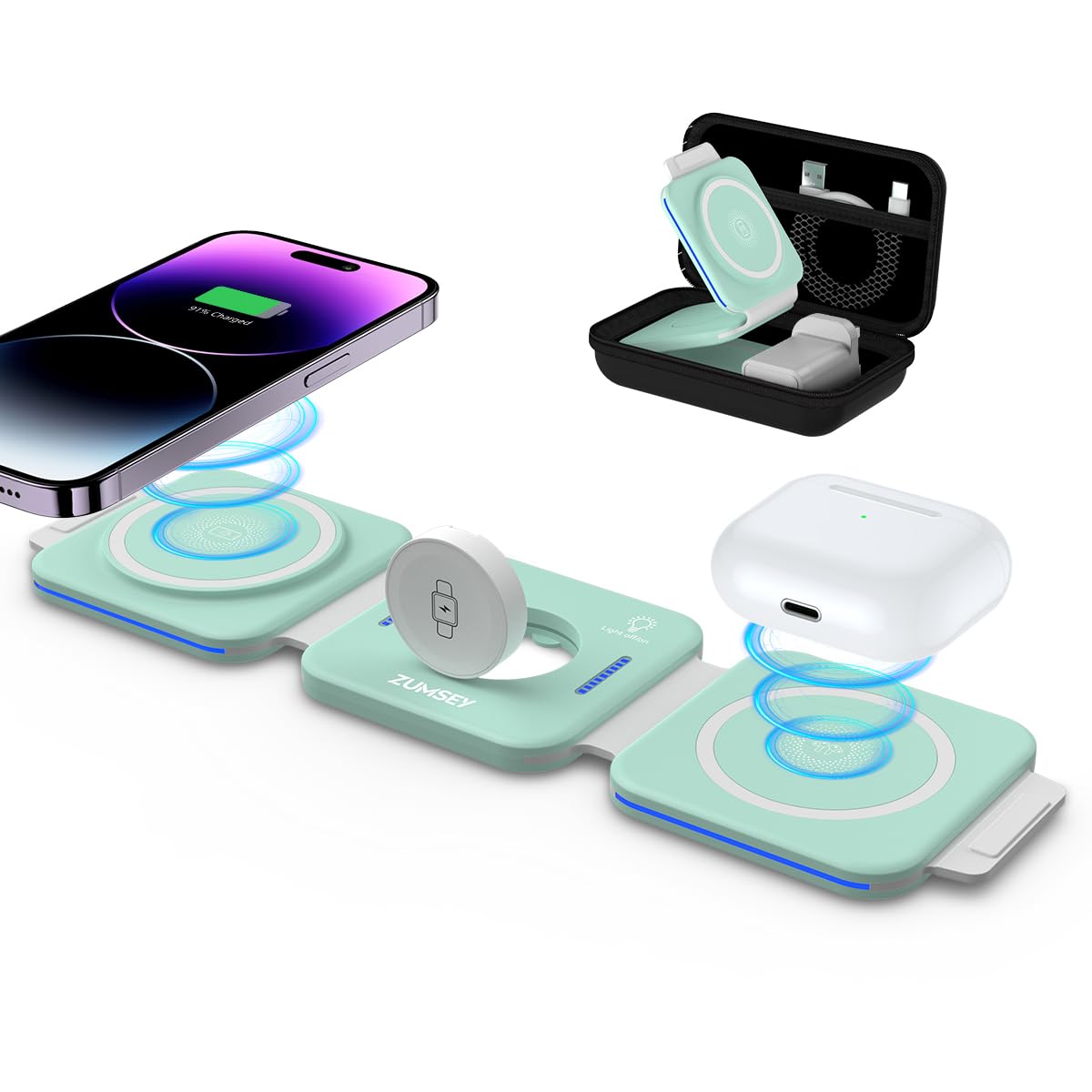 ZUMSEY 3 in 1 Wireless Charging Station for Apple, Wireless Charger for iPhone 17 Pro Max/16/15/14/13/12, Travel Wireless Charger for Apple Watch Ultra 3/11/10/9/Ultra 2/Ultra, for AirPods Pro 3/4/3/2