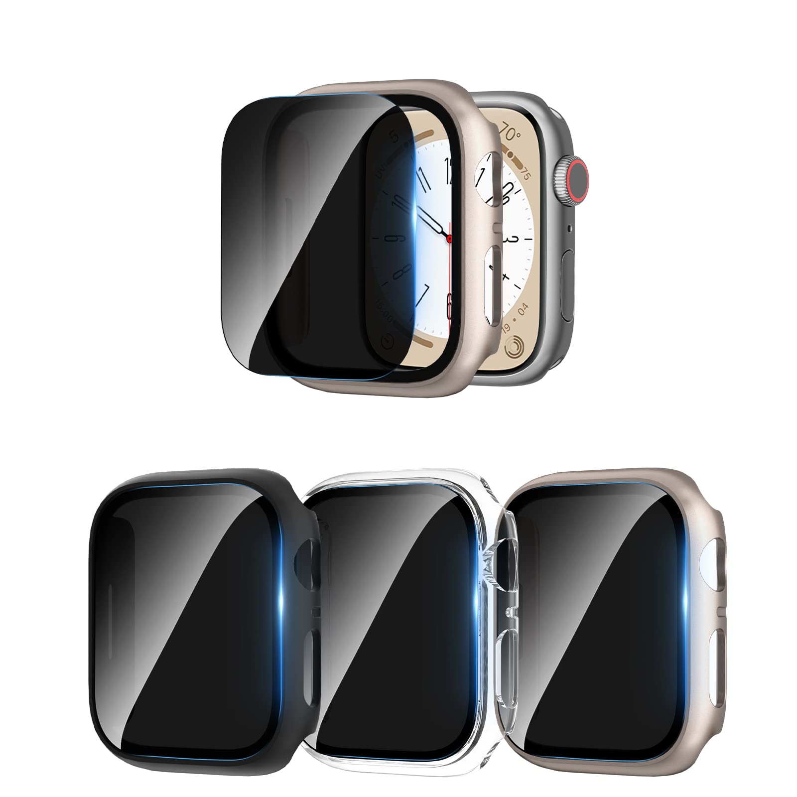 COMMUTER [3 Pack] Privacy Screen Protector for Apple Watch 9/8/7 45mm, Hard PC Ultra-Thin Case with Built-in Anti-Peeping Tempered Film for Apple Watch Series 9/8/7 45mm, Black/Clear/Starlight