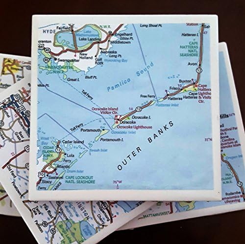 Outer Banks Map Coasters, Drink Coasters, Set of 4, Full Cork Bottoms
