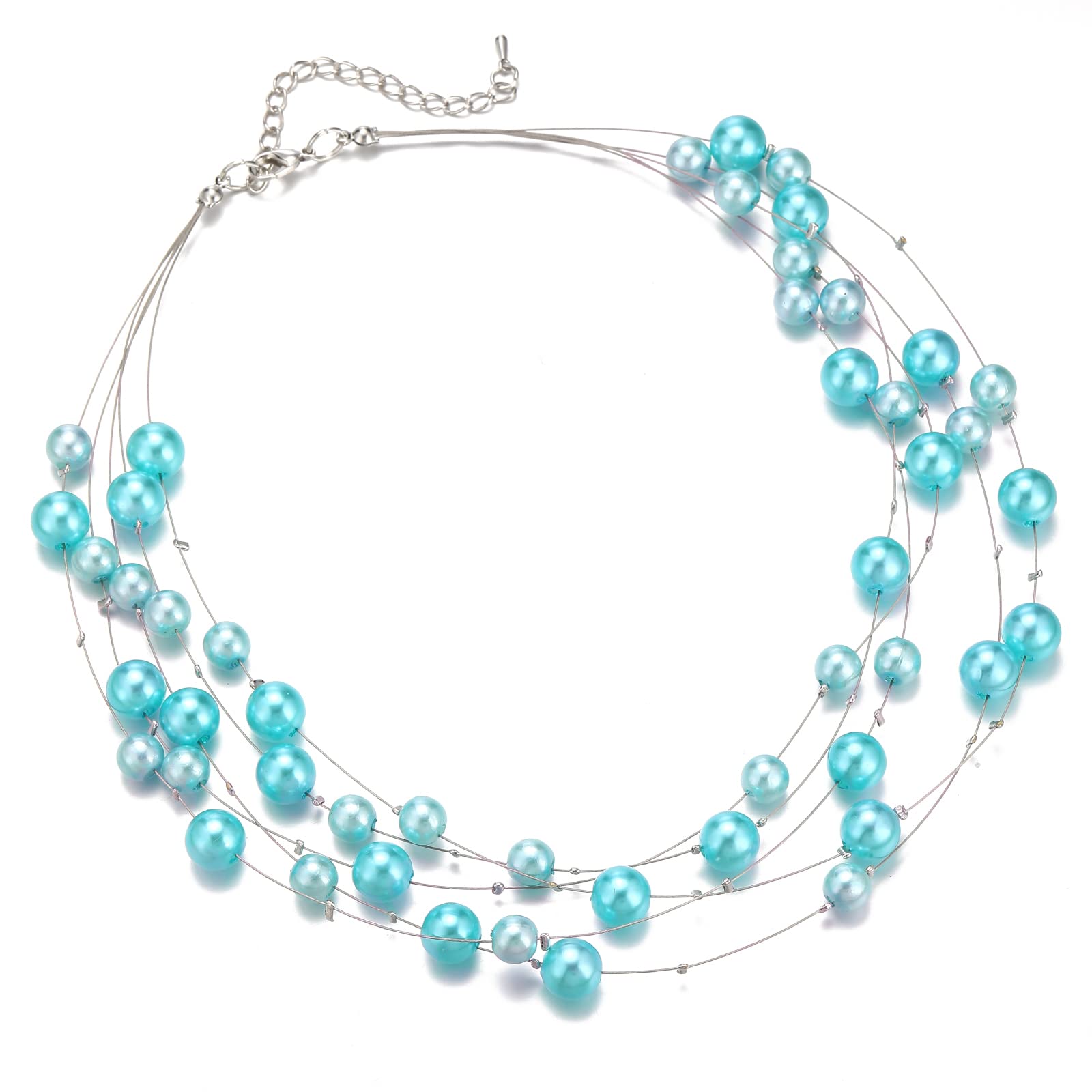 FULU AUTUMN Layered Pearl Necklace Beaded Silver Choker Handmade Boho Statement Costume Necklaces Fashion Jewellery Gifts for Women(Turquoise) — image 1