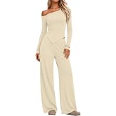 Huukeay 2 Piece Women's off the Shoulder Set | Matching Suit, Right One Shoulder Off Top, Wide Leg Pants, Asymmetrical Clothes, Soft Fabric Outfit, Daily Fashion Wear