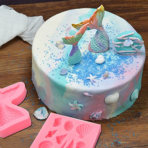 4 Pack Seashell Mold-Large and Small Mermaid Tail Mold-3D Silicone Fondant Mold for Chocolate Candy Soap