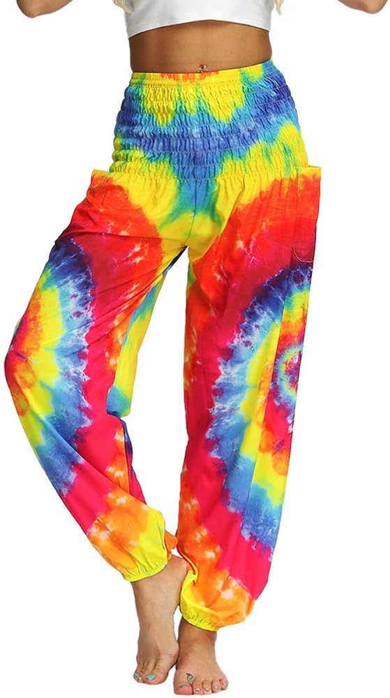 Nuofengkudu Women's Hippie Baggy Harem Trousers Smocked High Waist Soft Boho Print Colourful Yoga Pants with Pockets Lightweight Flowy Travel Holiday Summer Beach Party (Rainbow A - Image 5