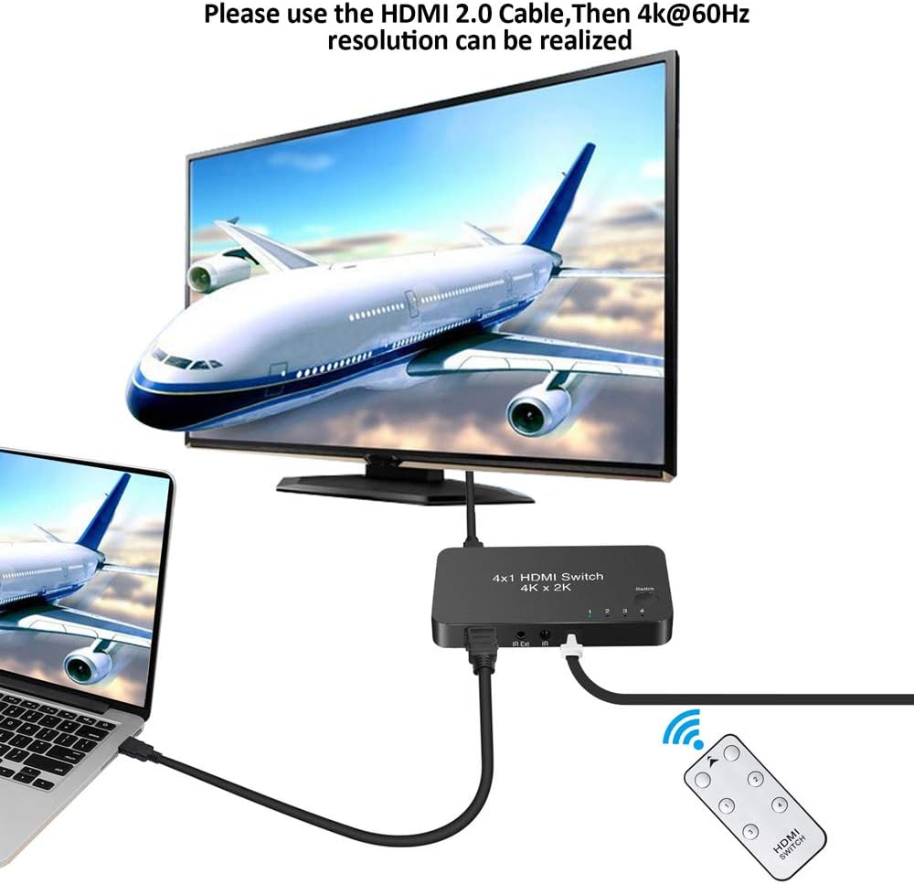 HDMI KVM Switcher, 4 in 1 Out 4K 60Hz HDV HDMI 2.0 Switch Selector Box with IR Wireless Remote Control for HDTV Blu-Ray Player/ DVD/ DVR/ Xbox PS4 etc.: Electronics