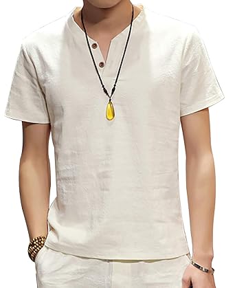 Amazon Yelane リネンシャツ メンズ 半袖 Tシャツ Vネック 麻 無地