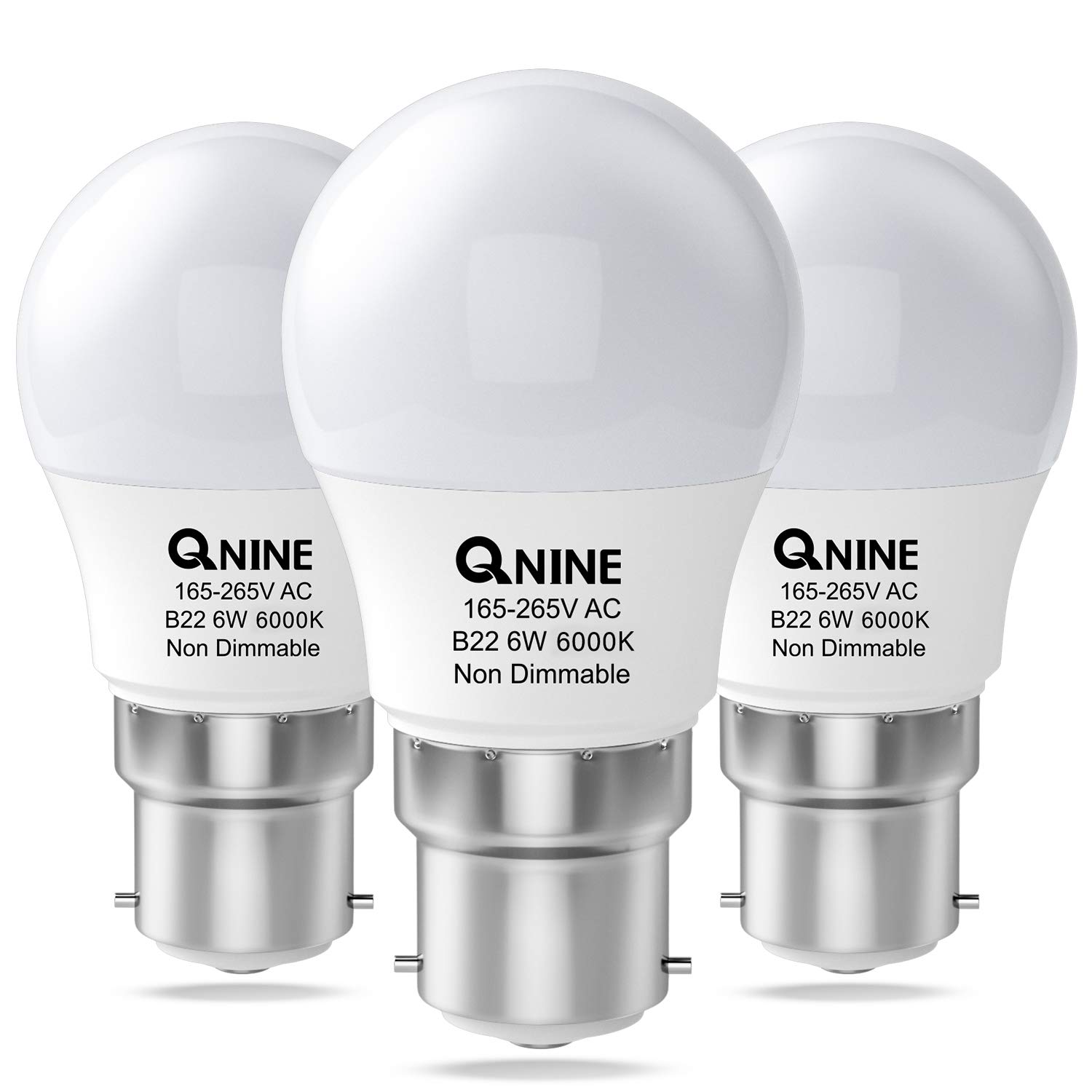 QNINE B22 LED Bulb, Cool White Bayonet Light Bulb, 6W (60W Equivalent), 550lm, B22 LED Golf Ball Bulb, 6000K, Non Dimmable, 3 Pack
