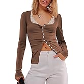 Outfeel Women Ribbed Knit T-Shirt Tops Long Sleeve Button Down Stretchy Slim Fit Scoop Neck Blouse