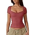 QINSEN Womens Sweetheart Neck Short Sleeve T Shirts Slim Fit Basic Tee Trendy Crop Top
