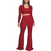 Two Piece Outfits for Women Sexy Crop Top + Flared Long Pants Sweat Suits Ribbed Fitted Tracksuits Yoga Set