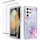Yerebel Case for Galaxy S21 Ultra Case, SM-G998U with Tempered Glass Screen Protector, Floral Design Shockproof Bumper Full Body Protective Cell Phone Cover for Samsung Galaxy S21 Ultra 5G (Rose)