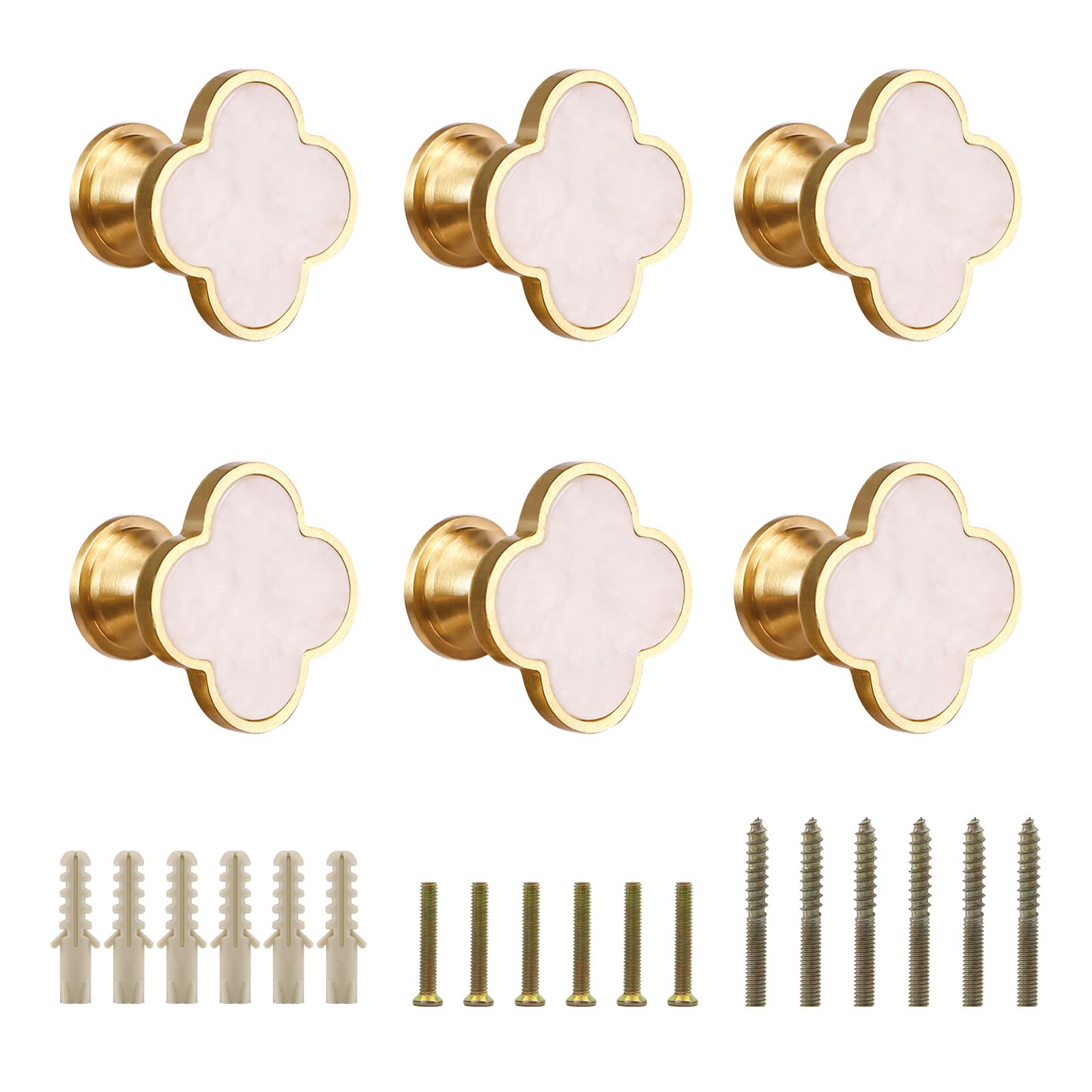 EVERGD 6/9pcs 28mm Four-Leaf Brass Gold Clover Knobs Cabinet Door Knobs Drawer Pulls with Screws, Handle Brushed Brass Dresser Drawer Pulls Handles Coat Hook Single Hole (Pearl White, 6)