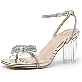 Amoji Women 3 Inch Clear Heels Rhinestone Bow Block Heeled Sandal 337