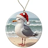 Seagull with Christmas Hat Ornament - Cute Seagull Christmas Ornament - Animal Lover - Xmas Tree Decor - Ceramic Beach Keepsake Printed on Both Sides