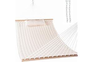 Lazy Daze Hammocks 12 FT Double Quilted Fabric Hammock with Spreader Bar and Detachable Pillow, 2 Person Hammock for Outdoor Patio Backyard Poolside, 450lbs Weight Capacity, Natural
