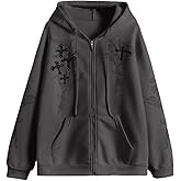 Kelxjia Zip Up Hoodies Y2k Jacket Graphic Gothic Jackets Grunge Cross Hoodie Baggy Streetwear Emo Sweater Aesthetic Clothes