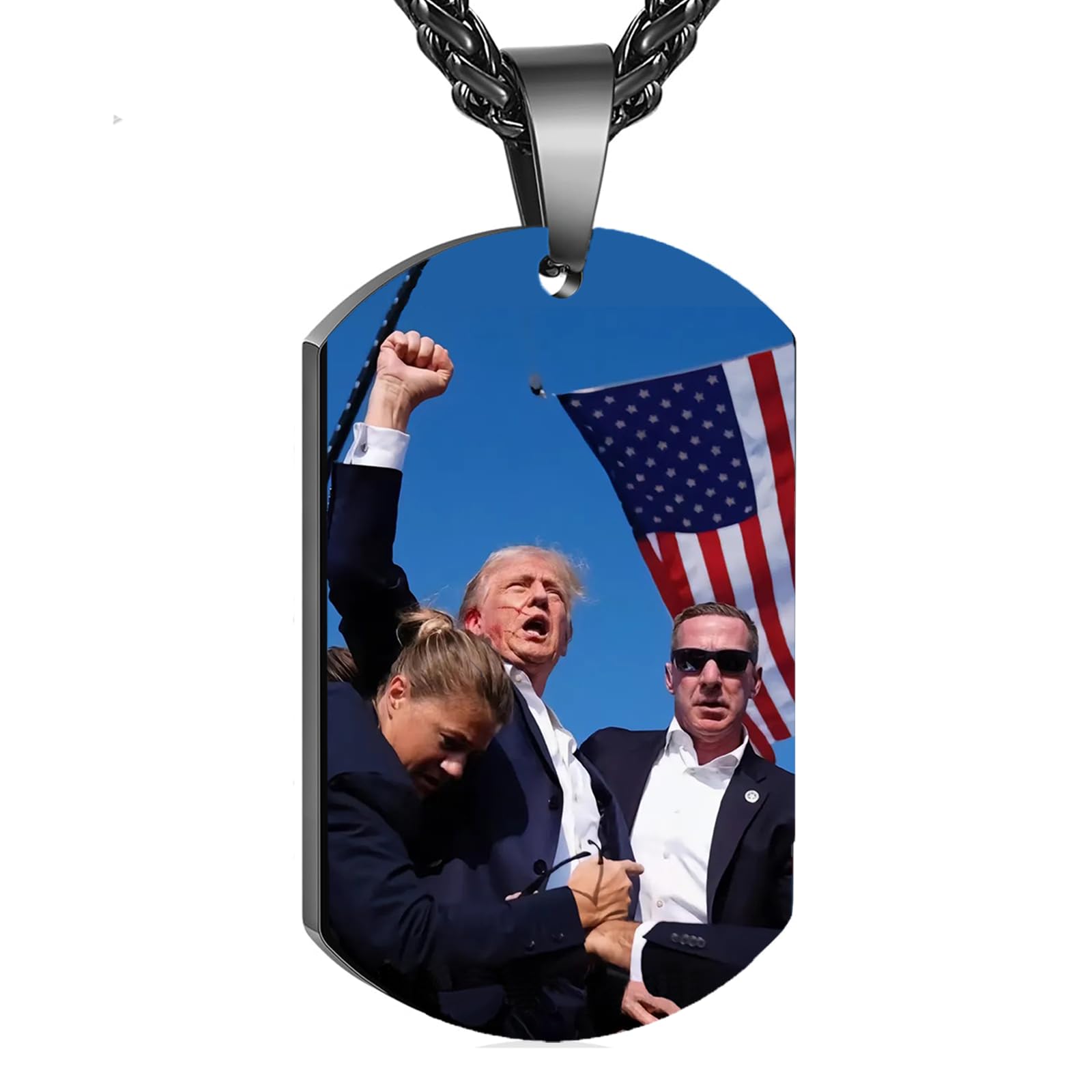 KLIFOWDY Donald Trump 2024 Survived Shot At Election Rally Necklace for Men Women (Black-Vertical)